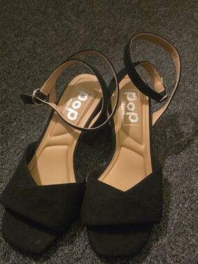 pop Black Suede Open-Toe Ankle-Strap Block Heels